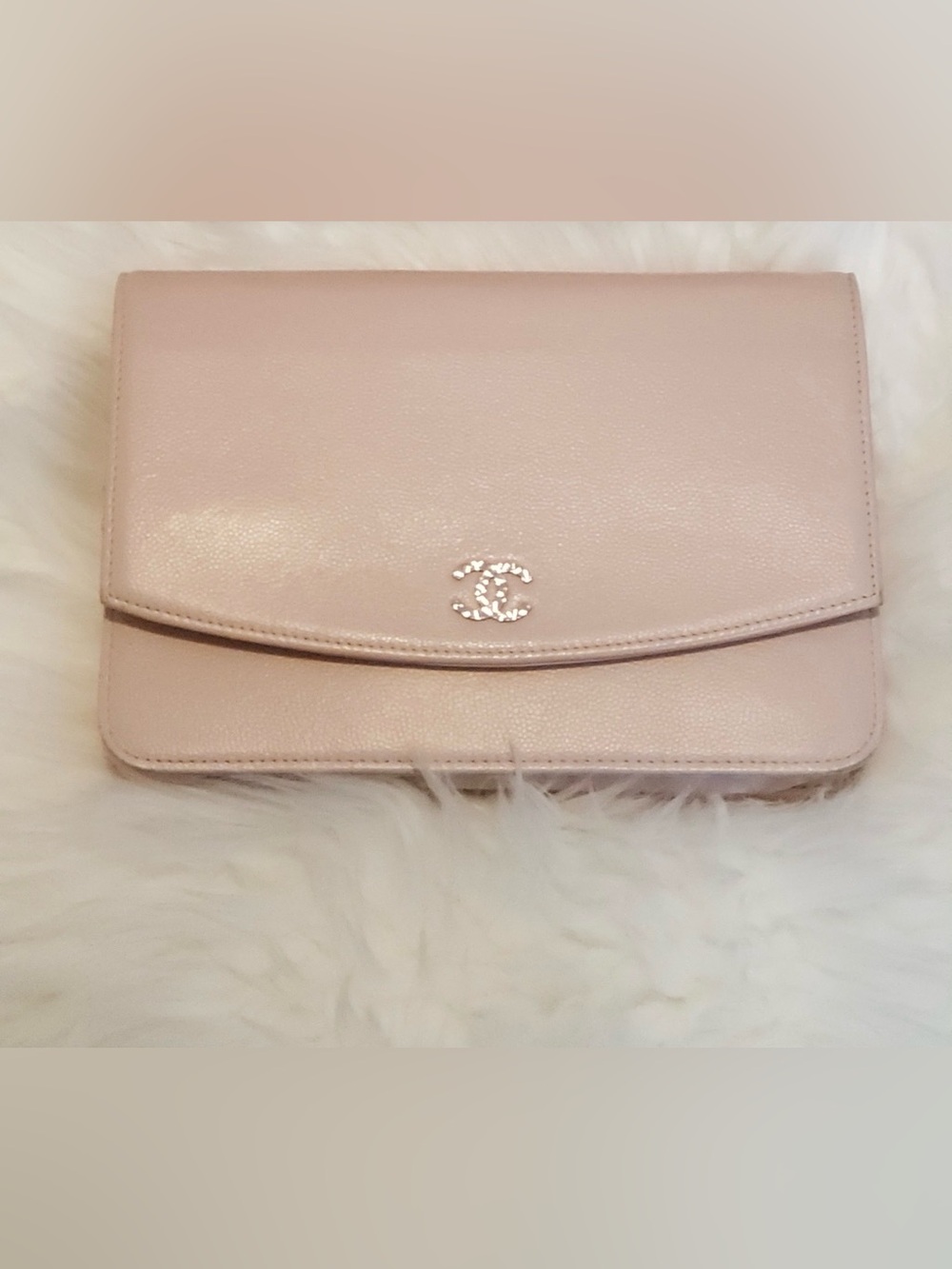 CHANEL Pale Pink Leather Flap Clutch with CC Emblem